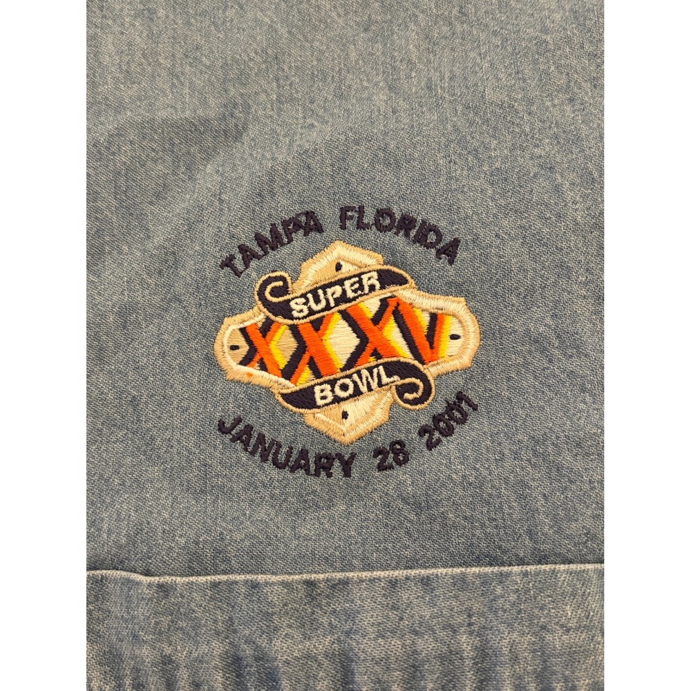 Men 2XL Logo Athletic Super Bowl XXXV Tampa Florida 2001‎ Denim Button Up Shirt